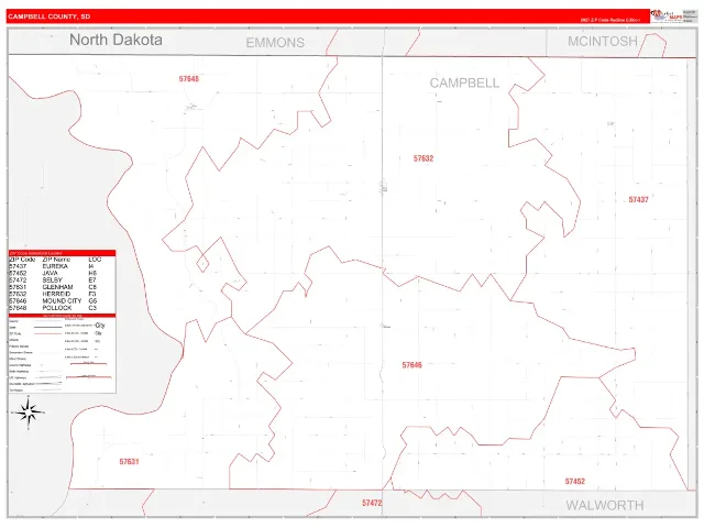 Campbell County, SD ZIP Code Wall Map, RedLine style