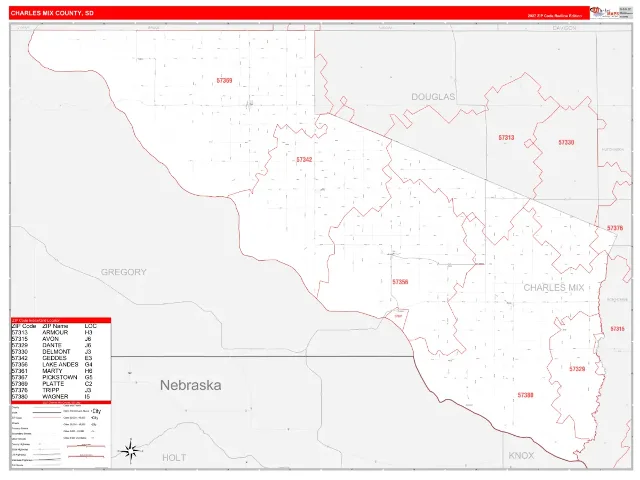 Charles Mix County, SD ZIP Code Wall Map, RedLine style