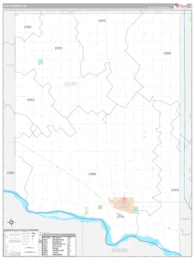 Clay County, SD ZIP Code Wall Map, Classic style