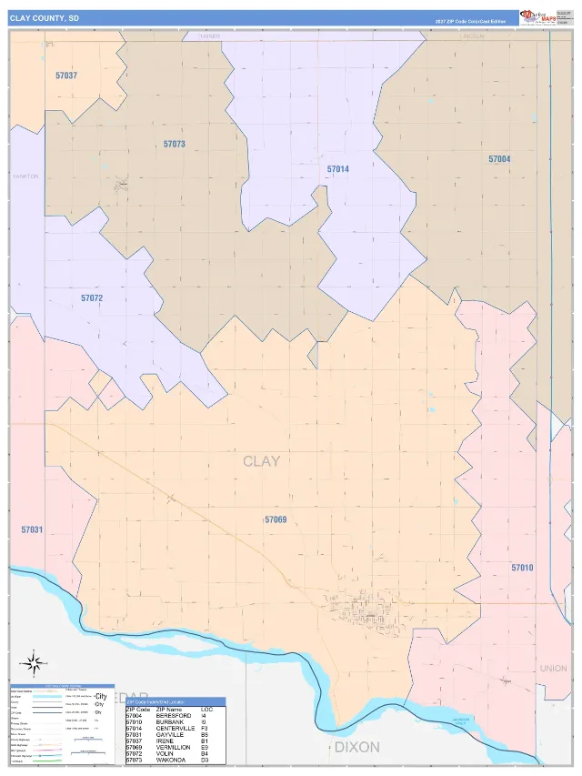 Clay County, SD ZIP Code Wall Map, ColorCast style