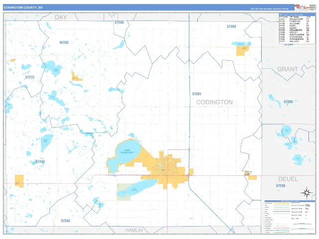 Codington County, SD ZIP Code Wall Map, Business Reference style