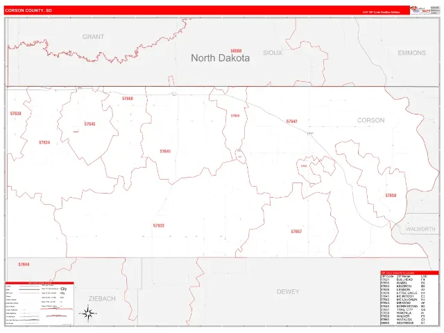 Corson County, SD ZIP Code Wall Map, RedLine style