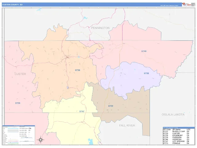 Custer County, SD ZIP Code Wall Map, ColorCast style