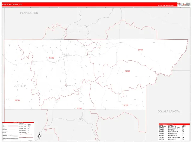 Custer County, SD ZIP Code Wall Map, RedLine style