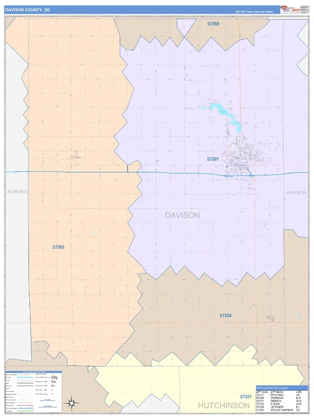 Davison County, SD ZIP Code Wall Map, ColorCast style