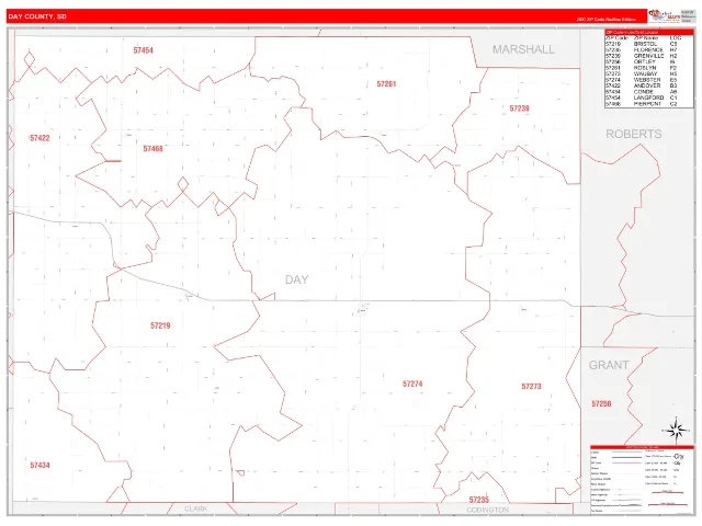 Day County, SD ZIP Code Wall Map, RedLine style