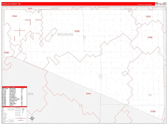 Douglas County, SD ZIP Code Wall Map, RedLine style