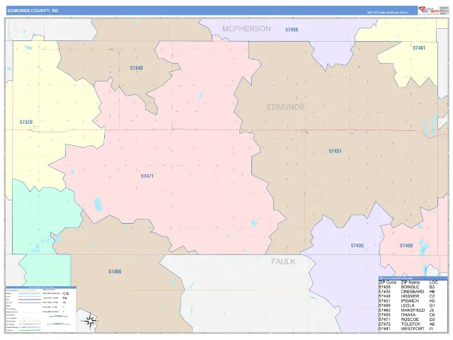 Edmunds County, SD ZIP Code Wall Map, ColorCast style