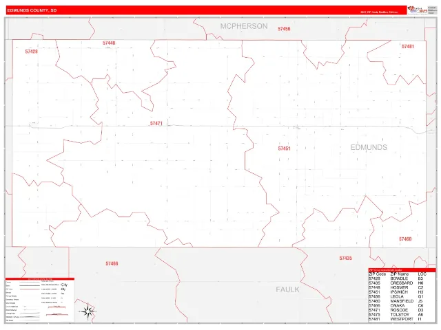 Edmunds County, SD ZIP Code Wall Map, RedLine style