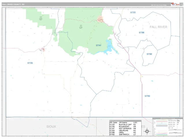 Fall River County, SD ZIP Code Wall Map, Classic style