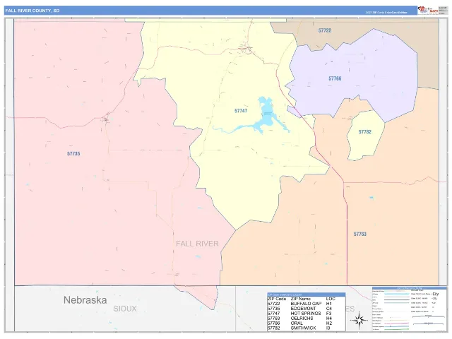 Fall River County, SD ZIP Code Wall Map, ColorCast style