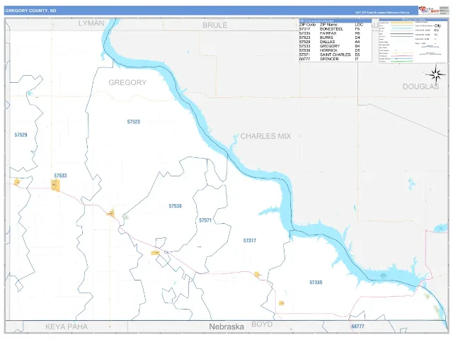 Gregory County, SD ZIP Code Wall Map, Business Reference style