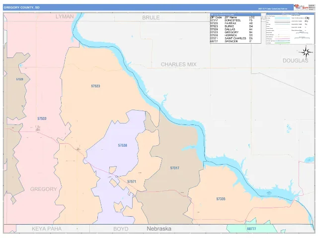 Gregory County, SD ZIP Code Wall Map, ColorCast style