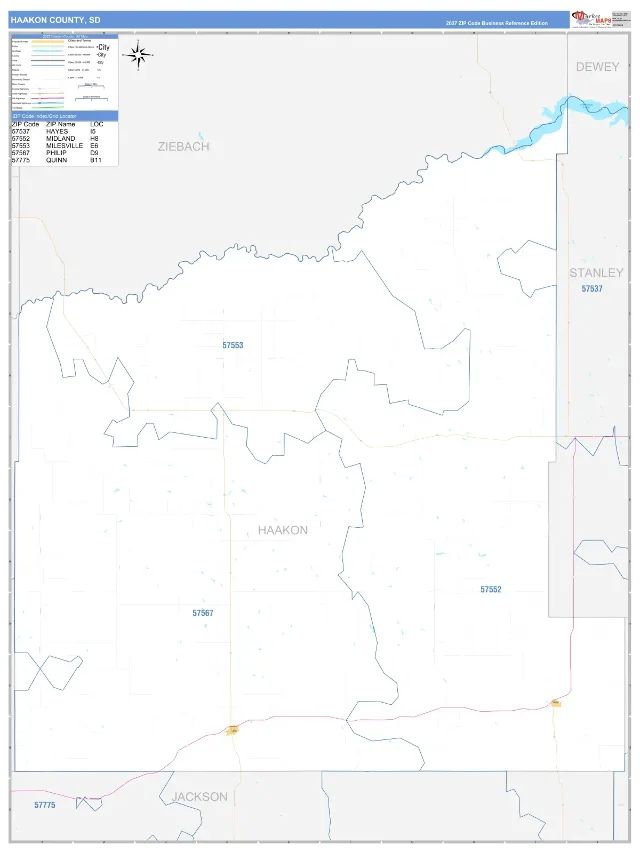 Haakon County, SD ZIP Code Wall Map, Business Reference style