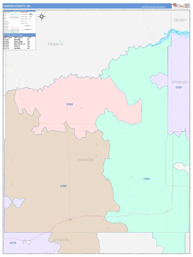 Haakon County, SD ZIP Code Wall Map, ColorCast style