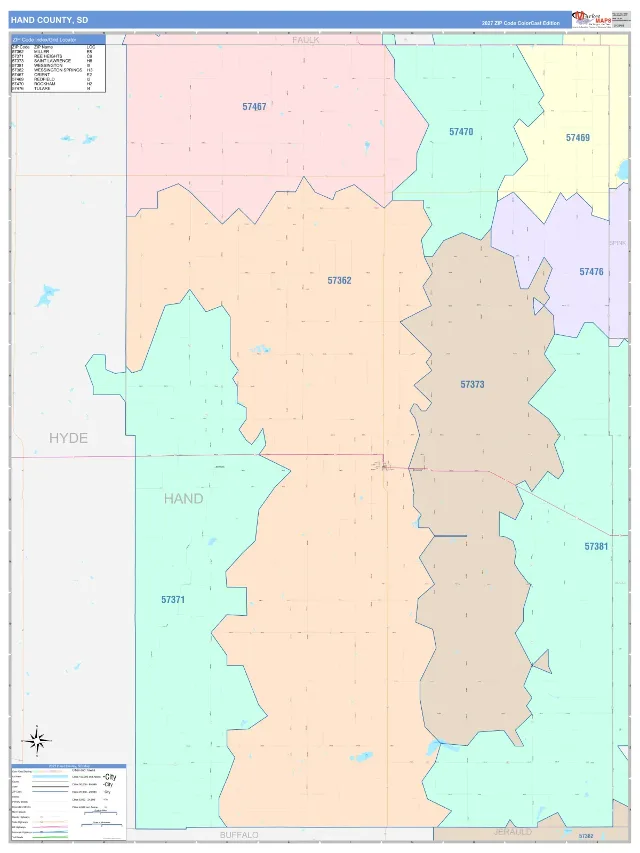 Hand County, SD ZIP Code Wall Map, ColorCast style