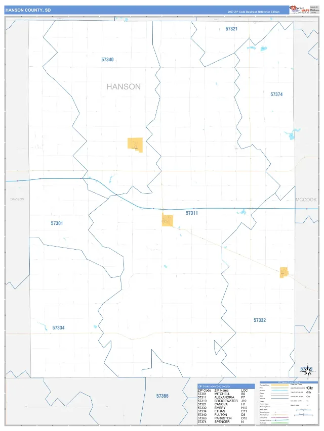 Hanson County, SD ZIP Code Wall Map, Business Reference style