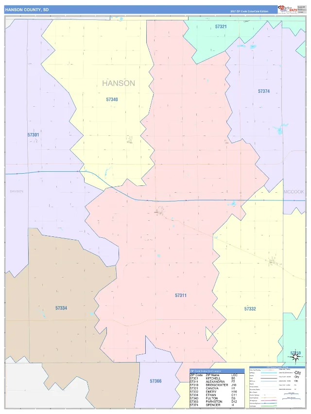 Hanson County, SD ZIP Code Wall Map, ColorCast style