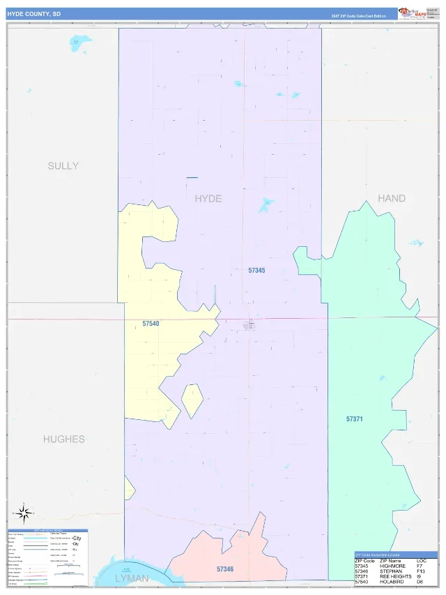 Hyde County, SD ZIP Code Wall Map, ColorCast style