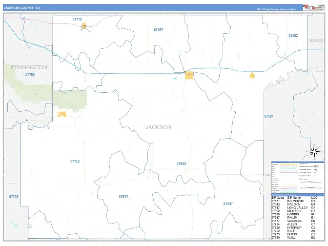 Jackson County, SD ZIP Code Wall Map, Business Reference style