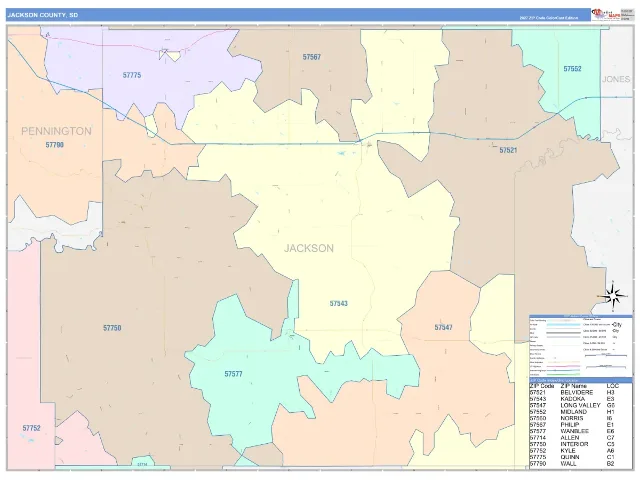 Jackson County, SD ZIP Code Wall Map, ColorCast style