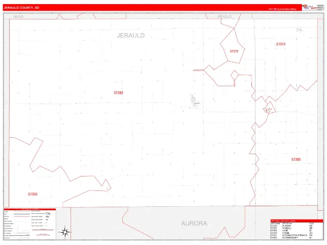 Jerauld County, SD ZIP Code Wall Map, RedLine style