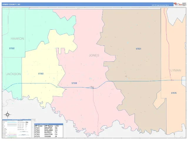 Jones County, SD ZIP Code Wall Map, ColorCast style