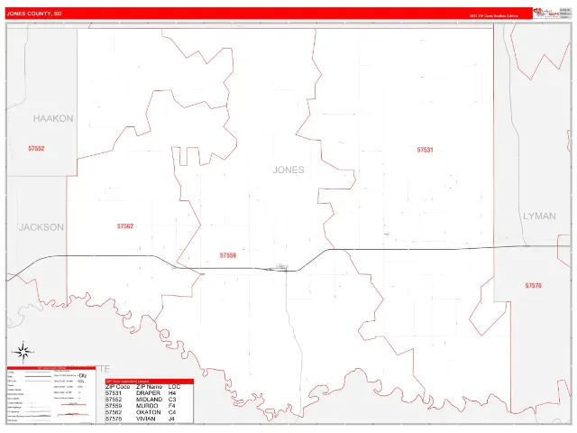 Jones County, SD ZIP Code Wall Map, RedLine style