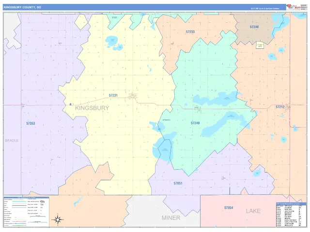 Kingsbury County, SD ZIP Code Wall Map, ColorCast style