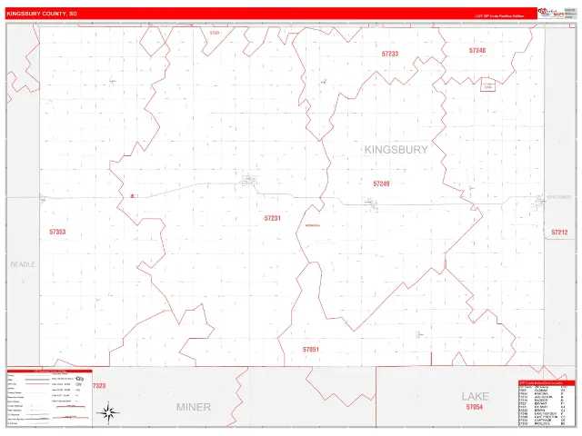 Kingsbury County, SD ZIP Code Wall Map, RedLine style