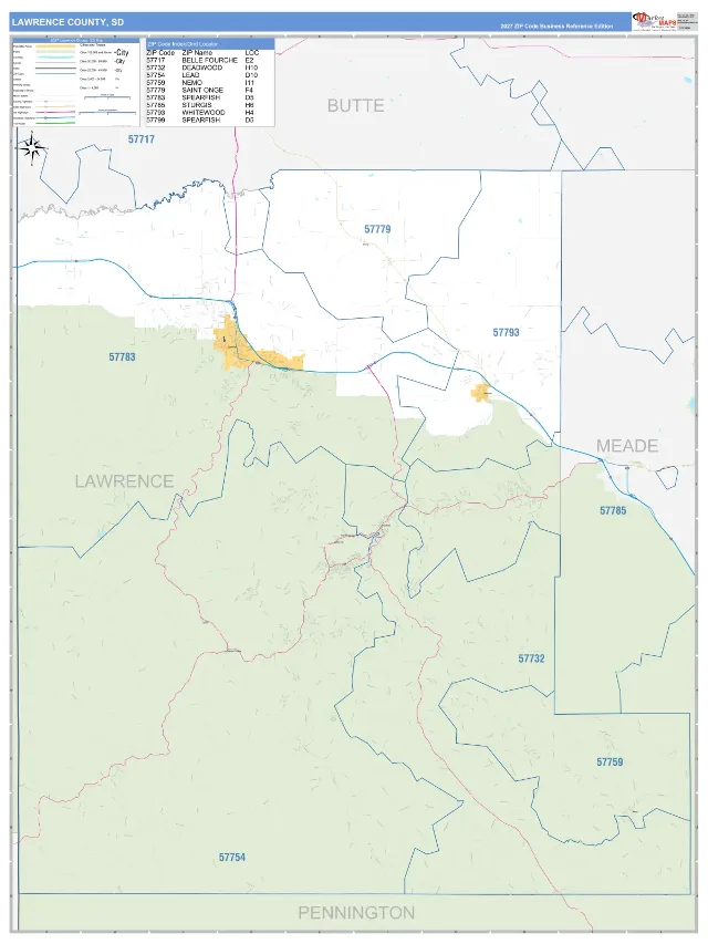 Lawrence County, SD ZIP Code Wall Map, Business Reference style