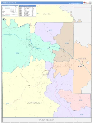 Lawrence County, SD ColorCast style ZIP Code wall map