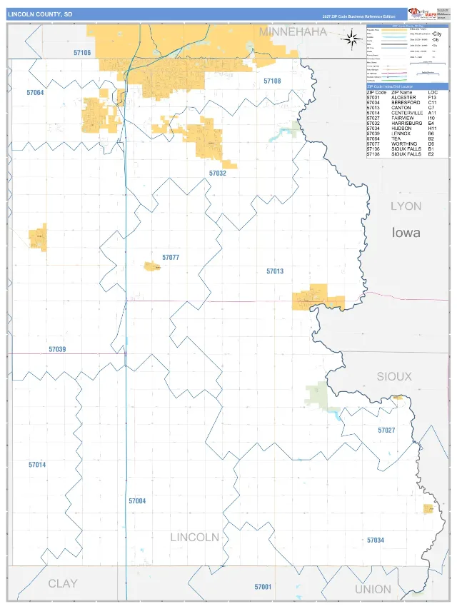 Lincoln County, SD ZIP Code Wall Map, Business Reference style