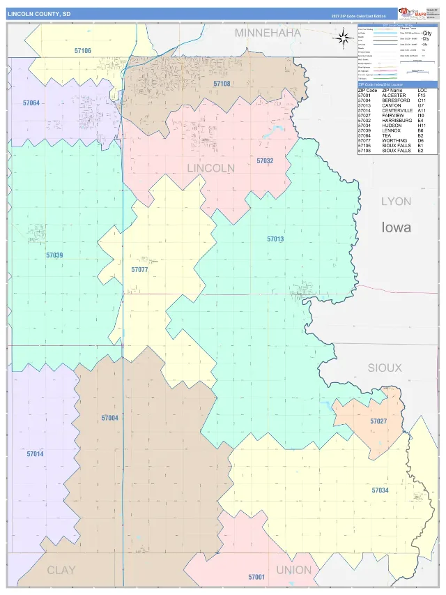 Lincoln County, SD ZIP Code Wall Map, ColorCast style