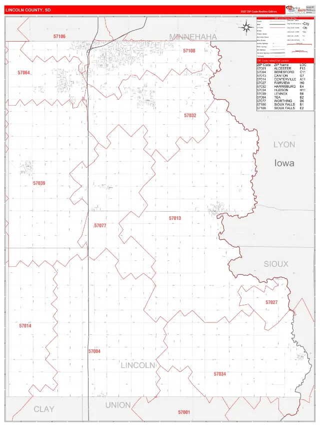 Lincoln County, SD ZIP Code Wall Map, RedLine style