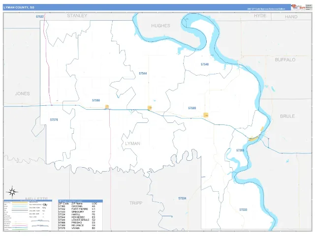 Lyman County, SD ZIP Code Wall Map, Business Reference style