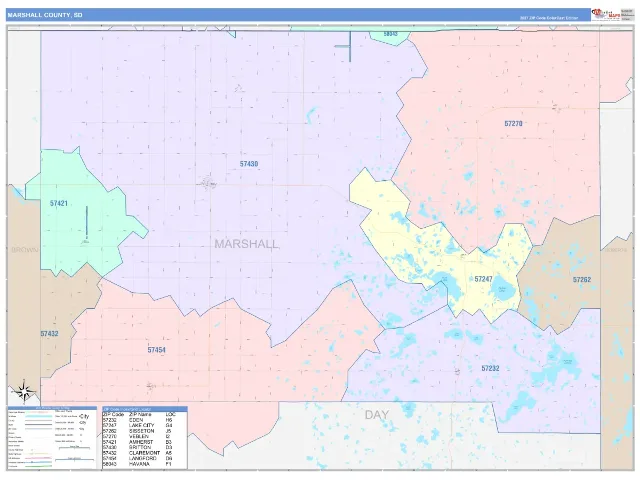 Marshall County, SD ZIP Code Wall Map, ColorCast style