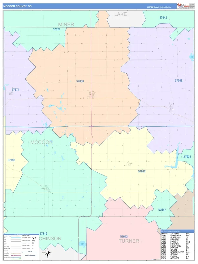 McCook County, SD ZIP Code Wall Map, ColorCast style