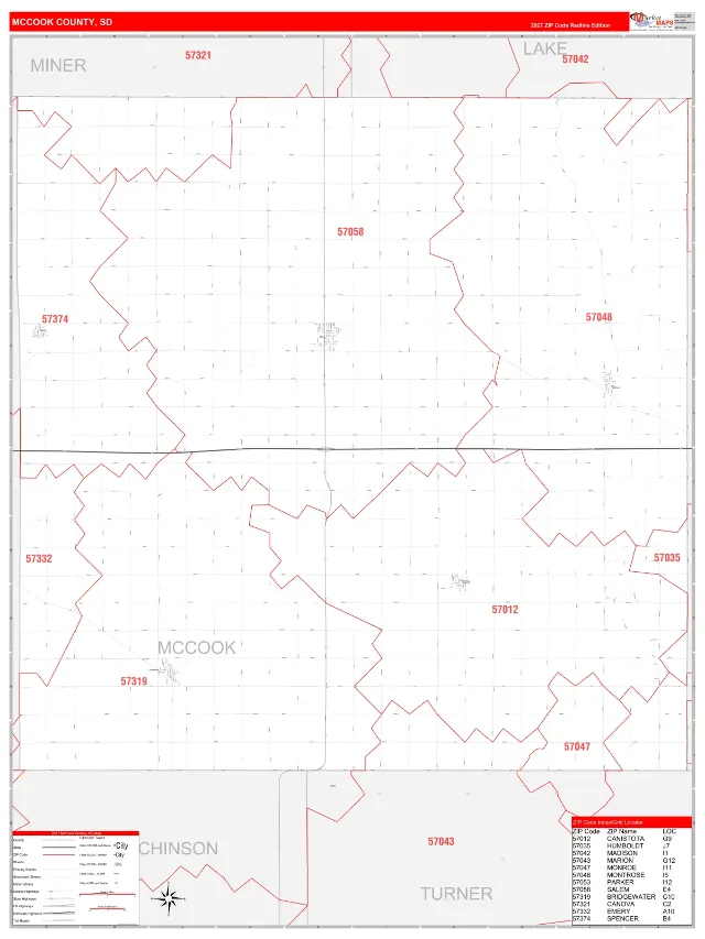 McCook County, SD ZIP Code Wall Map, RedLine style