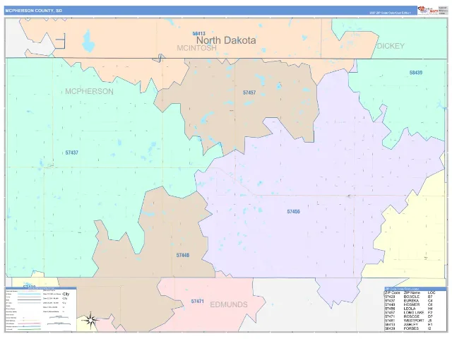 McPherson County, SD ZIP Code Wall Map, ColorCast style