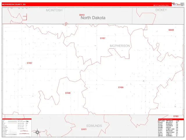 McPherson County, SD ZIP Code Wall Map, RedLine style