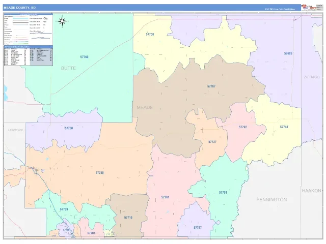 Meade County, SD ZIP Code Wall Map, ColorCast style