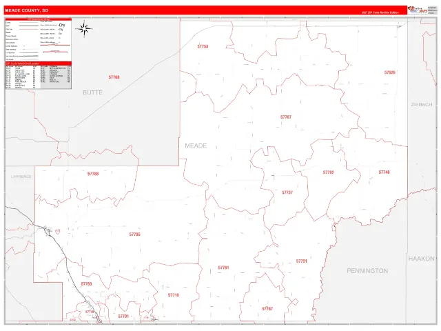 Meade County, SD ZIP Code Wall Map, RedLine style