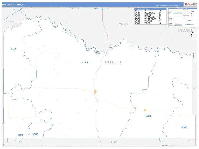 Mellette County, SD ZIP Code Wall Map, Business Reference style