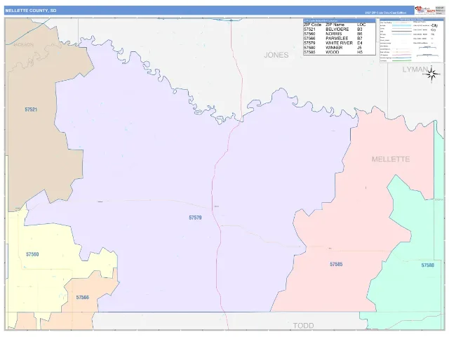 Mellette County, SD ZIP Code Wall Map, ColorCast style