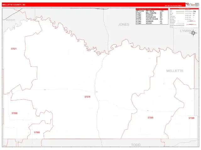 Mellette County, SD ZIP Code Wall Map, RedLine style