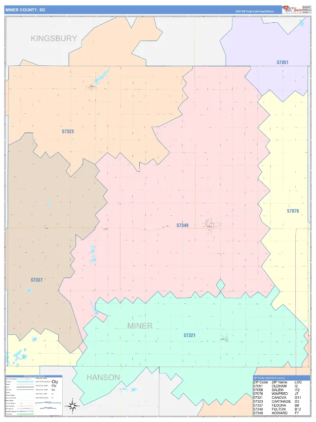 Miner County, SD ZIP Code Wall Map, ColorCast style