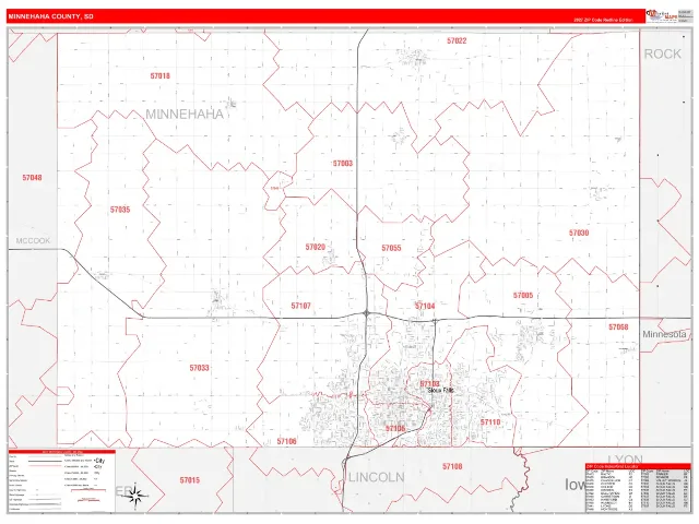 Minnehaha County, SD ZIP Code Wall Map, RedLine style