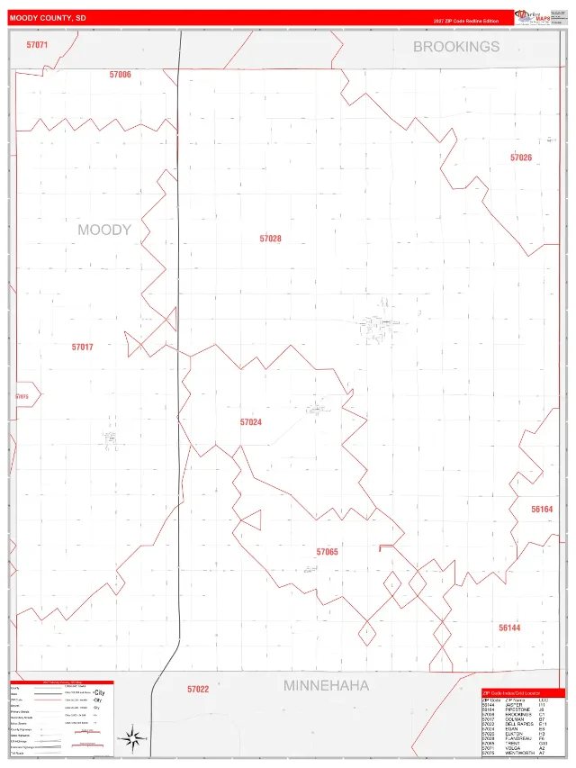 Moody County, SD ZIP Code Wall Map, RedLine style