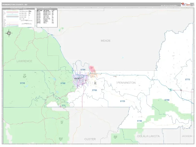 Pennington County, SD ZIP Code Wall Map, Classic style